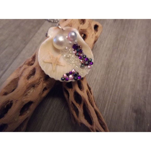 Mermaid Bubble Ariel Real Starfish faux jewels pearls seashell necklace ooak #86 - Picture 2 of 8